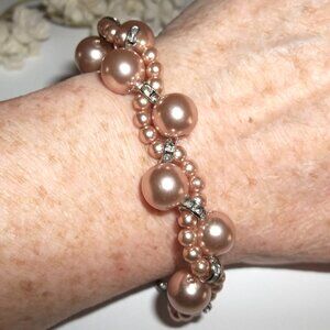 Faux Pearl Bracelet Mauve Pink With White Rhinestones Silver Adjustable D458